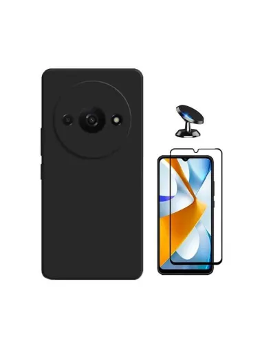 Kit Vidro Premium Full Cover + Capa Silicone Líquido + Suporte Magnético para Xiaomi Redmi A3 - Preto