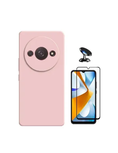 Kit Vidro Premium Full Cover + Capa Silicone Líquido + Suporte Magnético para Xiaomi Redmi A3 - Rosa