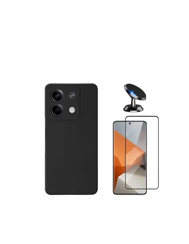 Kit Vidro Premium Full Cover + Capa Silicone Líquido + Suporte Magnético para Xiaomi Redmi Note 13 - Preto