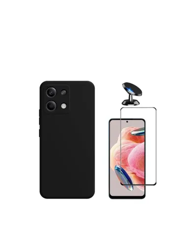 Kit Vidro Premium Full Cover + Capa Silicone Líquido + Suporte Magnético para Xiaomi Redmi Note 13 4G - Preto