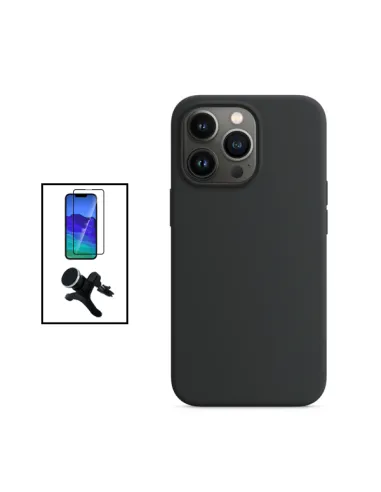 Kit Vidro Premium Full Cover + Capa Silicone Líquido + Suporte Magnético Reforçado para Apple iPhone 14 Pro - Preto