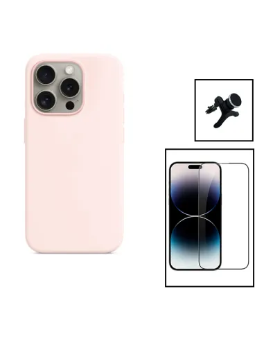 Kit Vidro Premium Full Cover + Capa Silicone Líquido + Suporte Magnético Reforçado para Apple iPhone 15 - Rosa