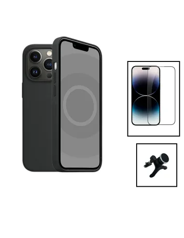 Kit Vidro Premium Full Cover + Capa Silicone Líquido + Suporte Magnético Reforçado para Apple iPhone 15 Plus - Preto