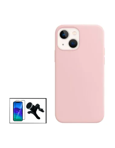 Kit Vidro Premium Full Cover + Capa Silicone Líquido + Suporte Magnético Reforçado para iPhone 13 Mini - Rosa