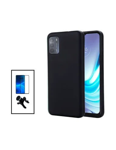 Kit Vidro Premium Full Cover + Capa Silicone Líquido + Suporte Magnético Reforçado para Motorola Moto G50 - Preto