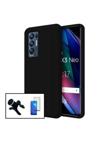 Kit Vidro Premium Full Cover + Capa Silicone Líquido + Suporte Magnético Reforçado para Oppo Find X3 Neo