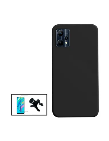 Kit Vidro Premium Full Cover + Capa Silicone Líquido + Suporte Magnético Reforçado para Realme 9 Pro+ Plus - Preto