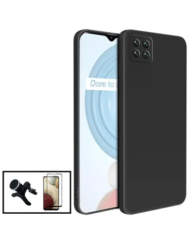 Kit Vidro Premium Full Cover + Capa Silicone Líquido + Suporte Magnético Reforçado para Realme C11 2021 - Preto