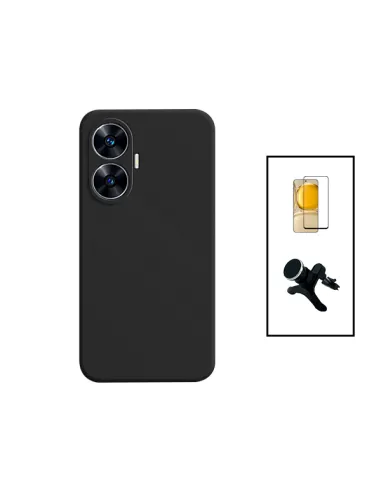 Kit Vidro Premium Full Cover + Capa Silicone Líquido + Suporte Magnético Reforçado para Realme C55 - Preto