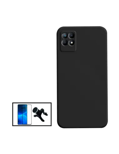 Kit Vidro Premium Full Cover + Capa Silicone Líquido + Suporte Magnético Reforçado para Realme Narzo 50i - Preto