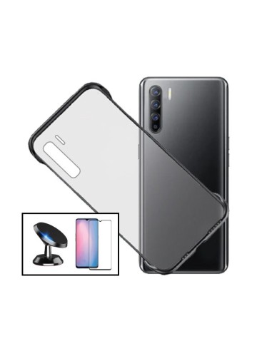 Kit Película de Vidro Temperado 5D Full Cover + Capa Invisible Bumper + Suporte Magnético de Carro para Oppo Reno3