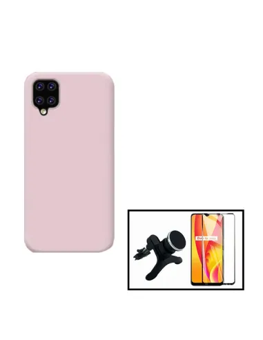 Kit Vidro Premium Full Cover + Capa Silicone Líquido + Suporte Magnético Reforçado para Samsung Galaxy A12 - Rosa