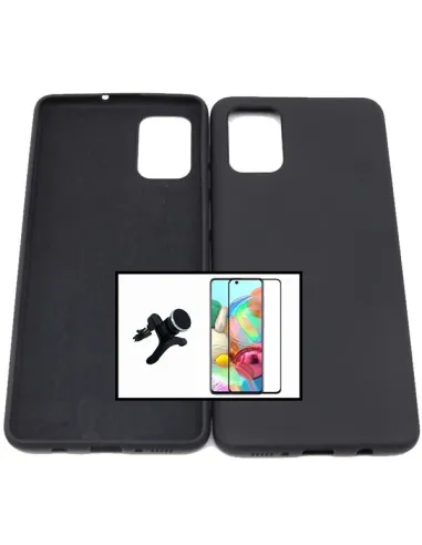 Kit Vidro Premium Full Cover + Capa Silicone Líquido + Suporte Magnético Reforçado para Samsung Galaxy A21s - Preto