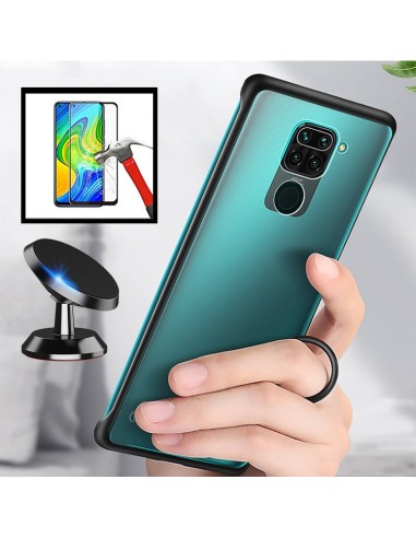 Kit Película de Vidro Temperado 5D Full Cover + Capa Invisible Bumper + Suporte Magnético de Carro para Xiaomi Redmi Note 9