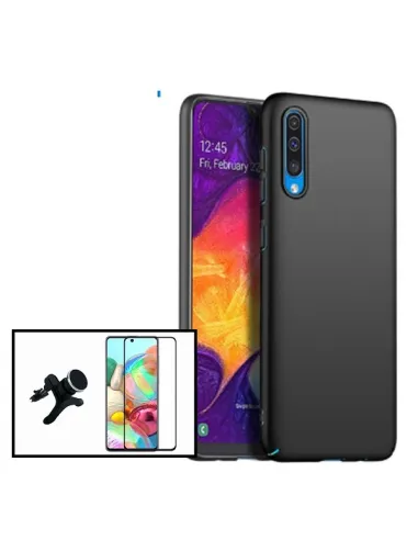 Kit Vidro Premium Full Cover + Capa Silicone Líquido + Suporte Magnético Reforçado para Samsung Galaxy A50s - Preto