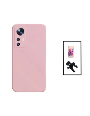 Kit Vidro Premium Full Cover + Capa Silicone Líquido + Suporte Magnético Reforçado para Xiaomi 12T Pro - Rosa