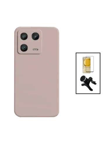 Kit Vidro Premium Full Cover + Capa Silicone Líquido + Suporte Magnético Reforçado para Xiaomi 13 - Rosa