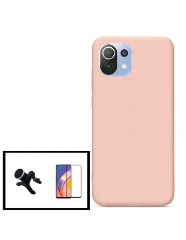 Kit Vidro Premium Full Cover + Capa Silicone Líquido + Suporte Magnético Reforçado para Xiaomi Mi 11 Lite 5G - Rosa