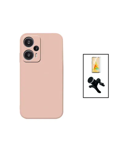 Kit Vidro Premium Full Cover + Capa Silicone Líquido + Suporte Magnético Reforçado para Xiaomi Poco F5 - Rosa