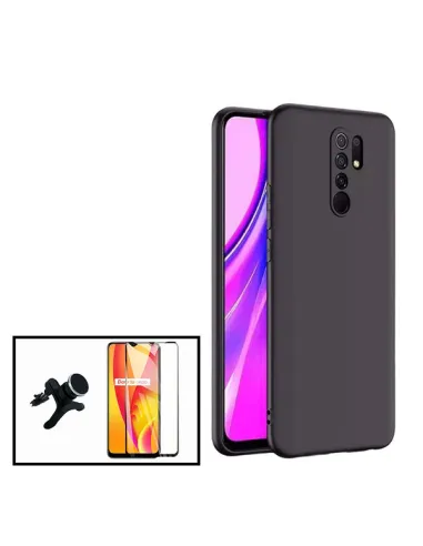 Kit Vidro Premium Full Cover + Capa Silicone Líquido + Suporte Magnético Reforçado para Xiaomi Redmi 9 - Preto