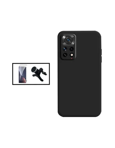 Kit Vidro Premium Full Cover + Capa Silicone Líquido + Suporte Magnético Reforçado para Xiaomi Redmi Note 11S 5G - Preto