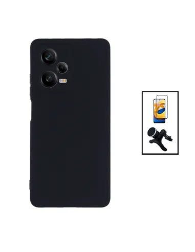 Kit Vidro Premium Full Cover + Capa Silicone Líquido + Suporte Magnético Reforçado para Xiaomi Redmi Note 12 Pro - Preto