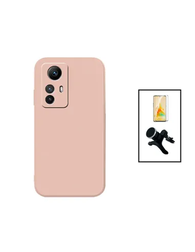 Kit Vidro Premium Full Cover + Capa Silicone Líquido + Suporte Magnético Reforçado para Xiaomi Redmi Note 12S - Rosa