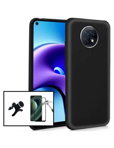 Kit Vidro Premium Full Cover + Capa Silicone Líquido + Suporte Magnético Reforçado para Xiaomi Redmi Note 9 5G - Preto