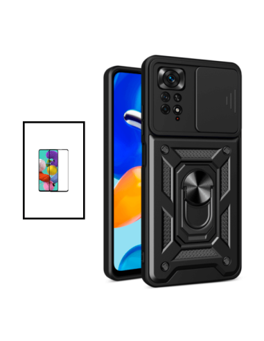 Kit Película de Vidro Temperado 5D Full Cover + Capa Magnetic Military Defender Slide Window Anti-Impacto para Xiaomi Redmi Note