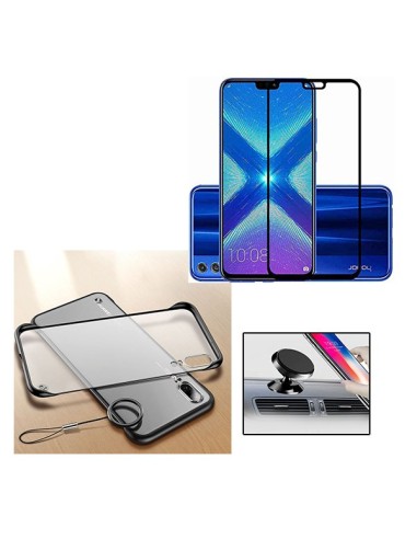 Kit Película de Vidro Temperado 5D Full Cover + Capa Naked Bumper + Suporte Magnético de Carro para Huawei Honor 8x