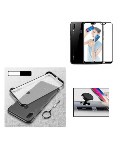 Kit Película de Vidro Temperado 5D Full Cover + Capa Naked Bumper + Suporte Magnético de Carro para Huawei P20 Lite