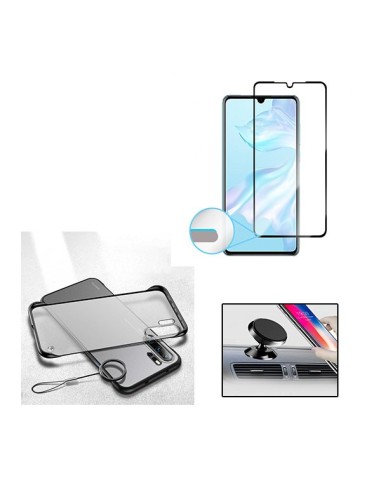 Kit Película de Vidro Temperado 5D Full Cover + Capa Naked Bumper + Suporte Magnético de Carro para Huawei P30