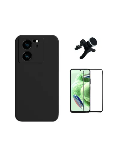 Kit Vidro Premium Full Cover + Capa Silicone Líquido + Suporte Magnético Reforçado  para Xiaomi 13T - Preto