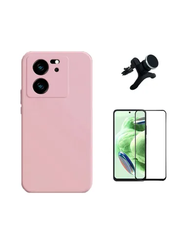 Kit Vidro Premium Full Cover + Capa Silicone Líquido + Suporte Magnético Reforçado  para Xiaomi 13T Pro - Rosa