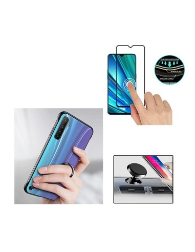 Kit Película de Vidro Temperado 5D Full Cover + Capa Naked Bumper + Suporte Magnético de Carro para Realme 5 Pro