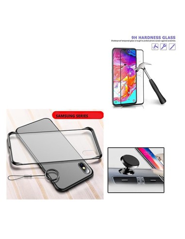 Kit Película de Vidro Temperado 5D Full Cover + Capa Naked Bumper + Suporte Magnético de Carro para Samsung Galaxy A70s