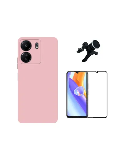 Kit Vidro Premium Full Cover + Capa Silicone Líquido + Suporte Magnético Reforçado  para Xiaomi Redmi 13C - Rosa