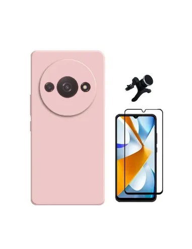 Kit Vidro Premium Full Cover + Capa Silicone Líquido + Suporte Magnético Reforçado  para Xiaomi Redmi A3 - Rosa