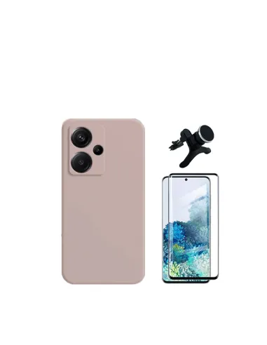 Kit Vidro Premium Full Cover + Capa Silicone Líquido + Suporte Magnético Reforçado  para Xiaomi Redmi Note 13 Pro+ - Rosa