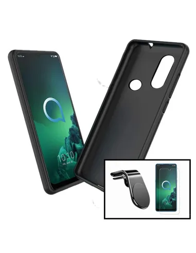 Kit Vidro Premium Full Cover + Capa Silicone Líquido + Suporte Magnético L para Alcatel 1s (2019)