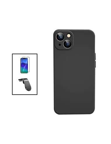 Kit Vidro Premium Full Cover + Capa Silicone Líquido + Suporte Magnético L para Apple iPhone 14 - Preto