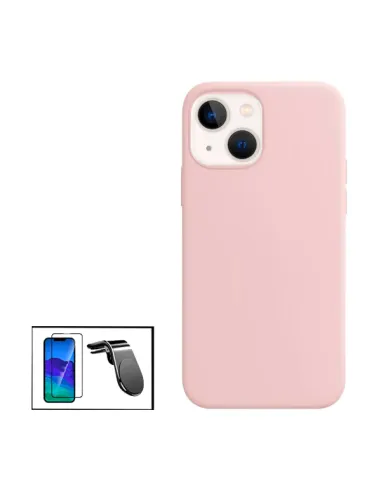 Kit Vidro Premium Full Cover + Capa Silicone Líquido + Suporte Magnético L para Apple iPhone 14 - Rosa