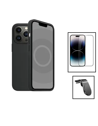 Kit Vidro Premium Full Cover + Capa Silicone Líquido + Suporte Magnético L para Apple iPhone 15 - Preto