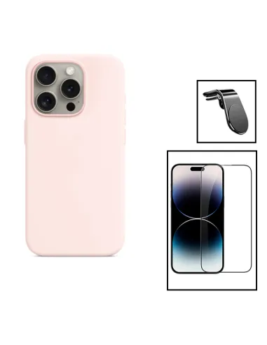 Kit Vidro Premium Full Cover + Capa Silicone Líquido + Suporte Magnético L para Apple iPhone 15 - Rosa