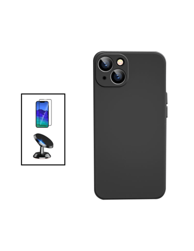Kit Película de Vidro Temperado 5D Full Cover + Capa Silicone Líquido + Suporte Magnético de Carro para Apple iPhone 14 - Preto