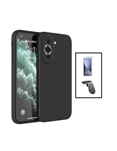 Kit Vidro Premium Full Cover + Capa Silicone Líquido + Suporte Magnético L para Huawei Nova 10 Pro - Preto