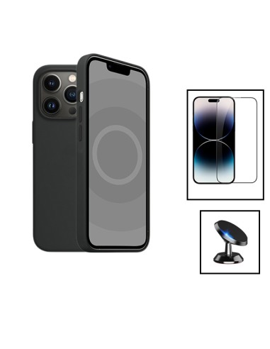 Kit Película de Vidro Temperado 5D Full Cover + Capa Silicone Líquido + Suporte Magnético de Carro para Apple iPhone 15 - Preto