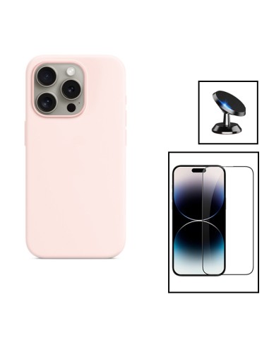 Kit Película de Vidro Temperado 5D Full Cover + Capa Silicone Líquido + Suporte Magnético de Carro para Apple iPhone 15 - Rosa