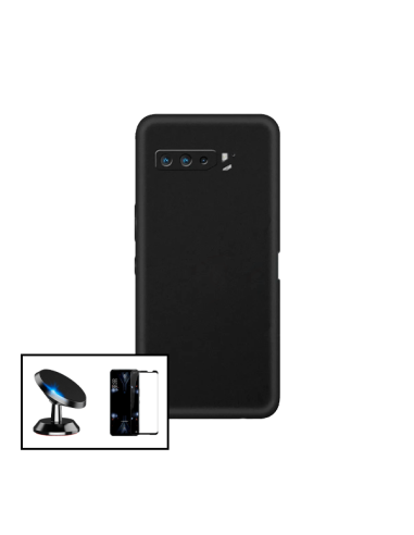 Kit Película de Vidro Temperado 5D Full Cover + Capa Silicone Líquido + Suporte Magnético de Carro para Asus ROG Phone 5 Ultimat