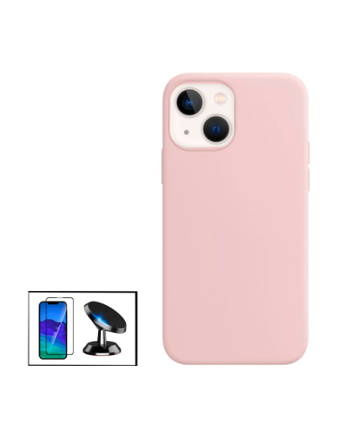 Kit Película de Vidro Temperado 5D Full Cover + Capa Silicone Líquido + Suporte Magnético de Carro para iPhone 13 Mini - Rosa